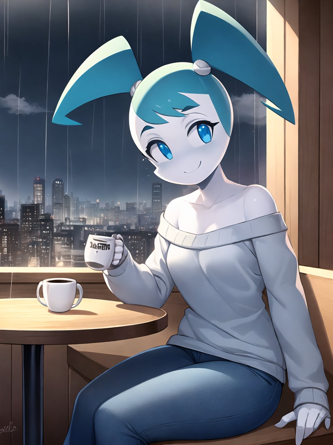 a beautiful and detailed portrait of jenny wakeman,happy,blue eyes,warm sweater, jeans, sitting at a booth,  ((white skin:1.2)), medium breasts, cityscape, inside, window, coffee shop, solo, bare shoulder, table, sitting across, point of view, cofee mug,  night time, rain, raindrops on window,blushing <lora:jenny wakemanv1.1:1>