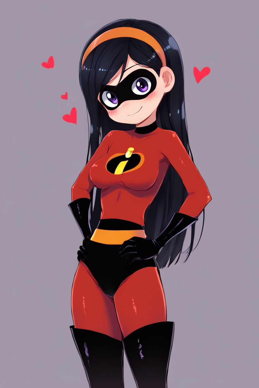 <lora:Zankuro_Style_Pony:0.6>,   high resolution, highly detailed, perfect lighting, highly detailed eyes,    1girl, solo, violetparr, mask, black hair, long hair, hairband, purple eyes, red bodysuit, black gloves, cowboy shot, hands on hips, looking at viewer, solo, simple background <lora:VioletParrXL:1> head tilt, curvy, smile, blush, medium breasts,