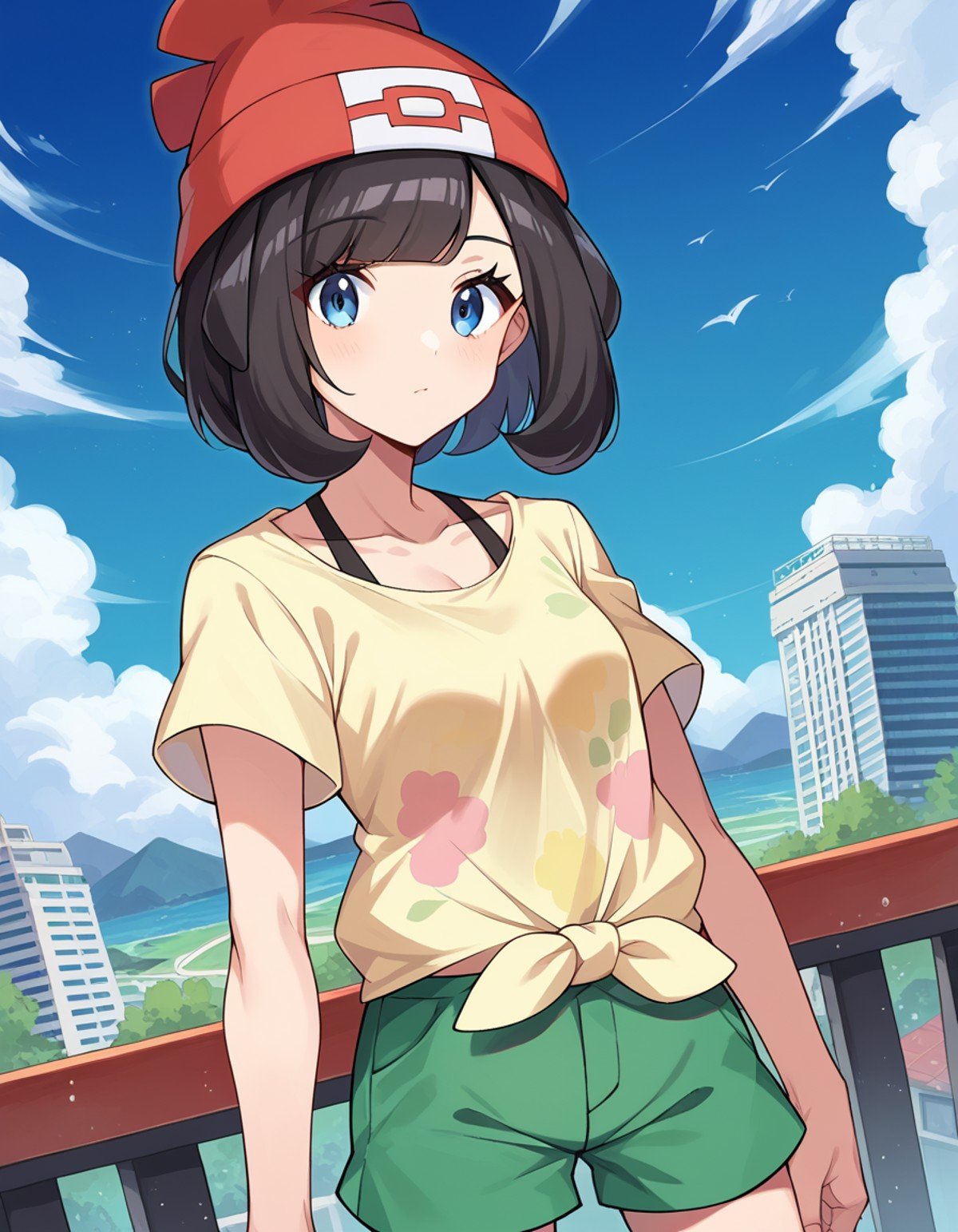 score_9, score_8_up, score_7_up, source_anime,pokemonselene, <lora:pokemon-selene-ponyxl-lora-nochekaiser:1>pokemonselene, black hair, blue eyes, short hair, bangs, blunt bangs,beanie, collarbone, green shorts, hat, red headwear, shirt, short sleeves, shorts, tied shirt, yellow shirt,outdoors, cityscape,looking at viewer, cowboy shot, dutch angle,