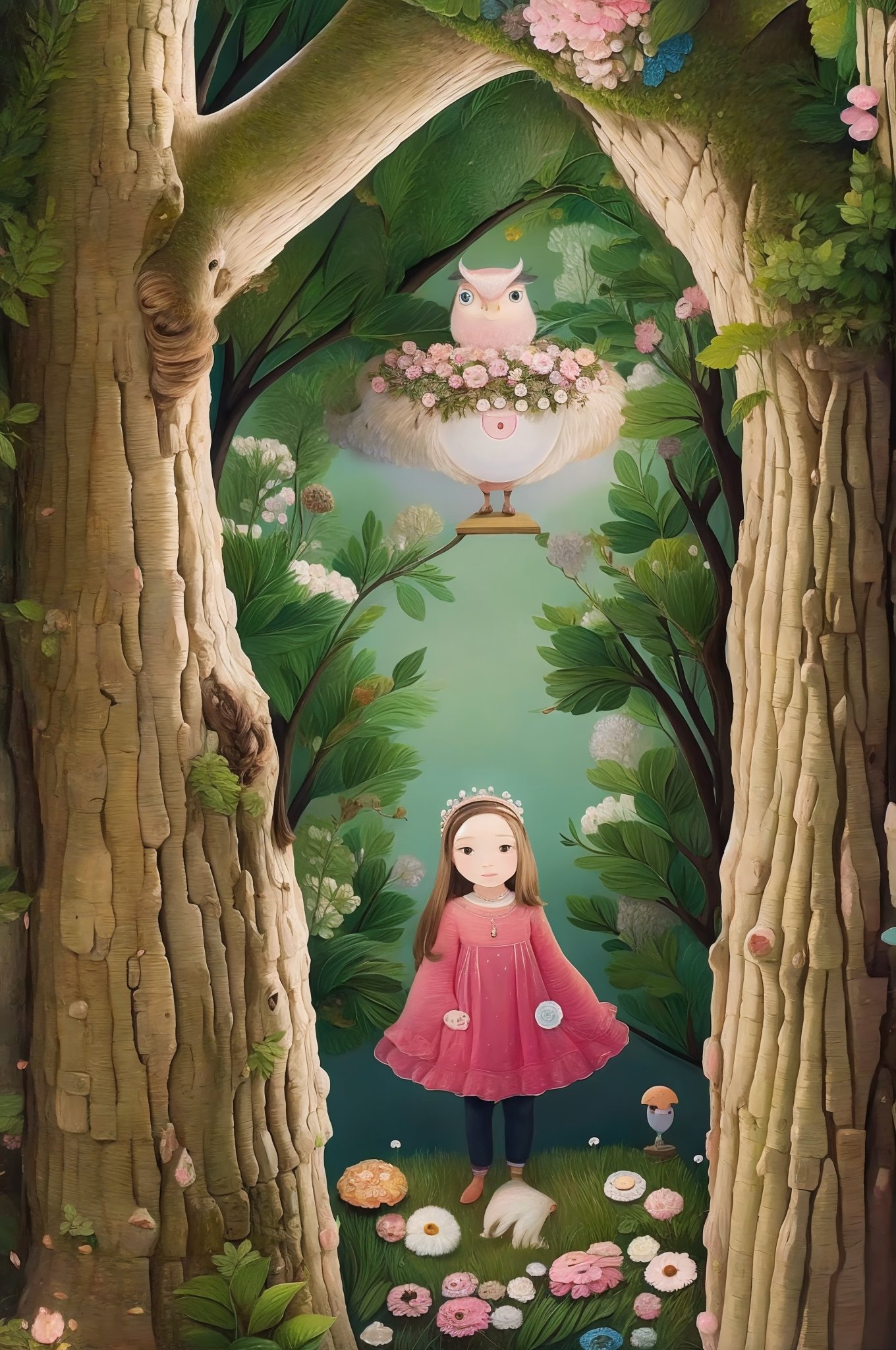 a painting,a beautiful girl walks in a magical forest full of flowers,the owl stands at the top of the tree,forest animals hide and peek at the little girl,the enchanted picture,masterpiece,unmatched,