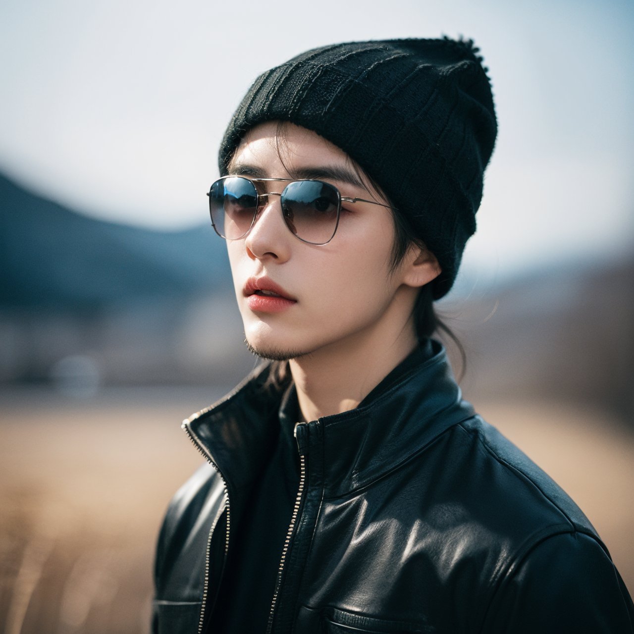 (4k, best quality),realistic,(photo realistic:1.4),RAW photo,(high detailed skin:1.2),arafed man in black jacket and sunglasses standing in front of a mountain,Knitted hat,
