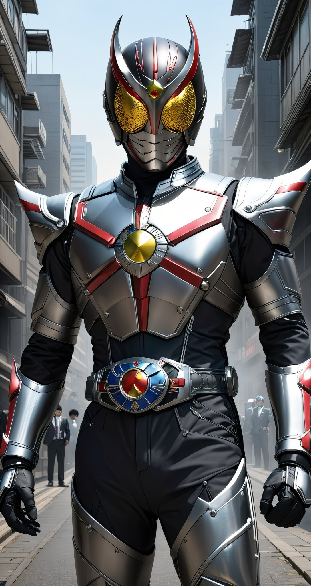 Kamen rider style, the masquerade guardian of the will of steel, wearing a steel suit and a mask of perseverance, stands in every corner of the city, guarding the peace of the citizens. In the face of evil, without flinching, with iron fist and faith to defend justice.