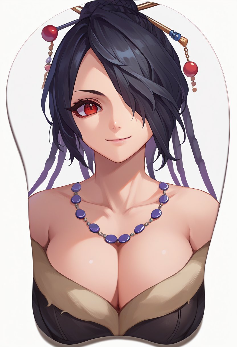 score_9, score_8_up, score_7_up, source_anime, mousepad \(medium\), upper body, cropped torso, simple background, white background, solo, 1girl, LuluX, smile, looking at viewer, red eyes, black hair, collarbone, jewelry, strapless dress, fur trim, moogle, off-shoulder dress, cleavage <lora:LuluX_XLPD:1> <lora:concept_mousepad_ponyXL:1>