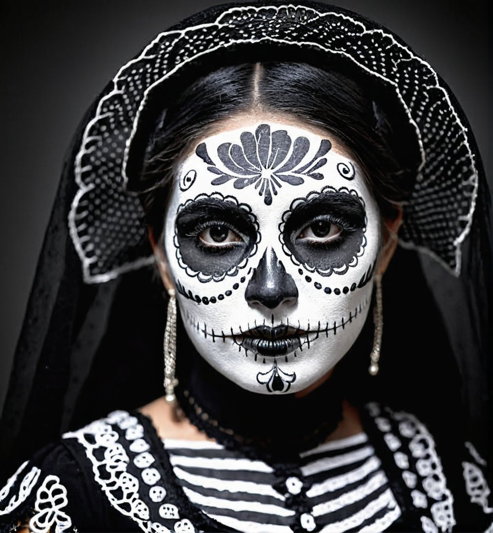 Black and white photograph of a person dressed in Day of the Dead makeup and attire,skeleton facial paint,lace veil,close-up,focused eyes,traditional Mexican celebration,black background,strong contrast,inspired by cultural portraiture,high quality.,