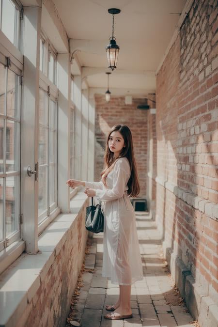 1girl, (cute Ethereal Female:1.2), (22 years old:1.3), (film grain:1.2), (bottomless:1.2), (Large windows, natural light, brick walls)