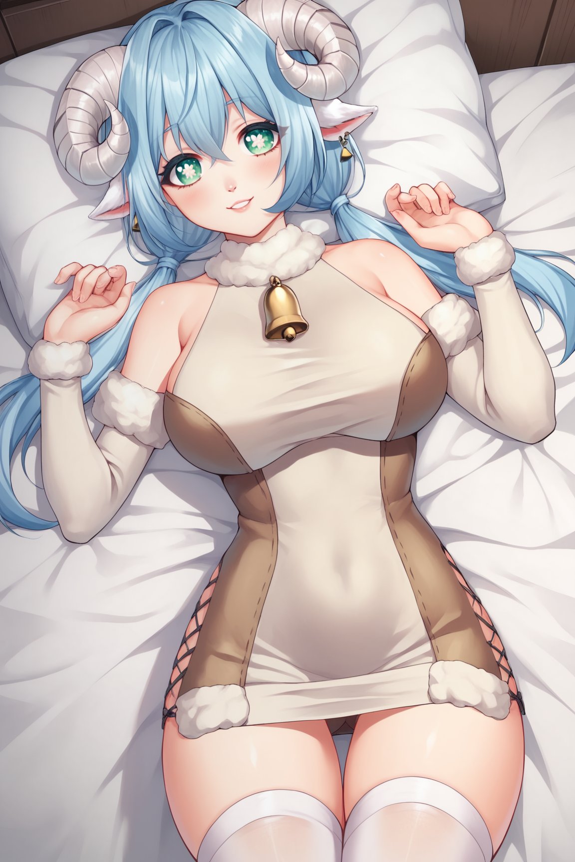 score_9, score_8_up, score_7_up, score_6_up, score_5_up, score_4_up, KotoneAsahiVTXL, green eyes, white pupils, flower shaped pupils, blue hair, short hair, twintails, hair between eyes, sheep ears, curled horns, large breasts, bare shoulders, fur trim, white dress, neck bell, white thighhighs, solo, lying on bed, seductive smile, looking at viewer, indoors <lora:KotoneAsahiVTXL:0.8>