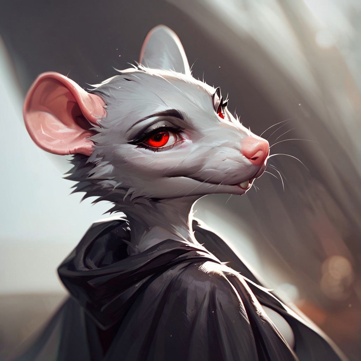 (((beautiful, high quality))), upper Body, score_9, score_8_up, score_7_up, ratfolk, furry rat, 1girl, grey fur, red eyes, black cape, looking at the viewer, posing, blurred background,