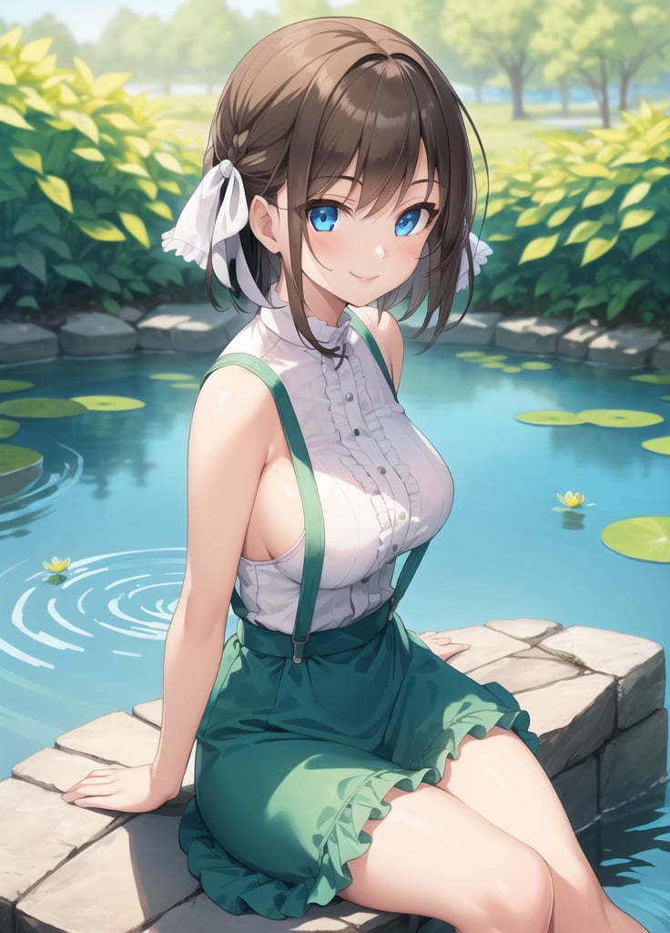 best quality,1girl,looking at viewer,detailed,short brown hair,hair ribbon,blue eyes,pond,arms at side,sitting,sleeveless,green frilly dress,suspenders,large breasts,smile