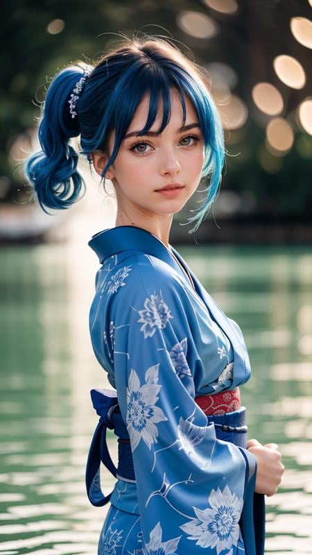 raw photo, fashion photography of cute (young cute girl), floating blue hair, long hair, (water:0.7), waterdrop, wet, high detailed blue kimono texture, intricate pattern, ultra detailed, (textured clothing), softlight passing through hair, (monochromatic bokeh background), (random background), depth of field