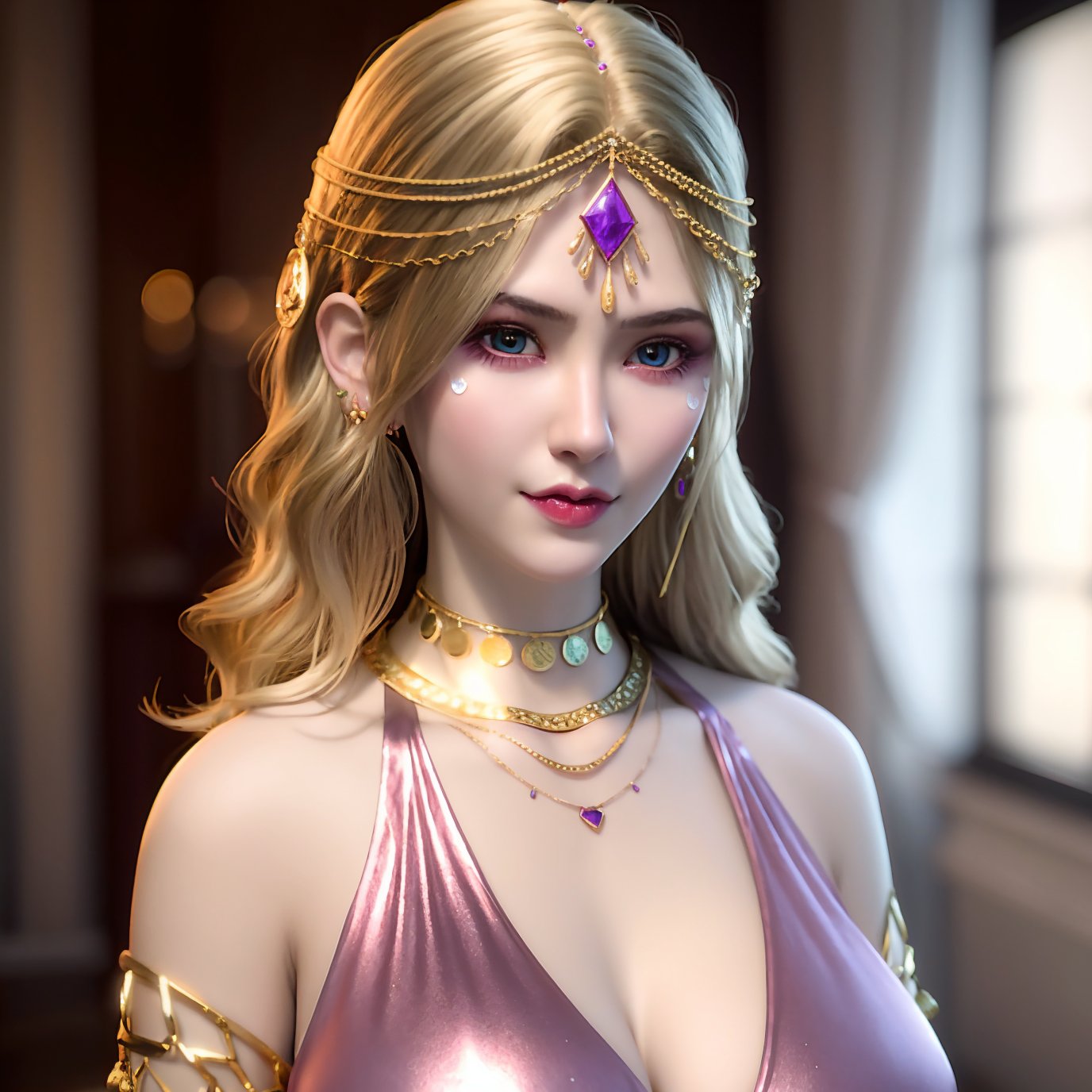 1girl, armlet, blonde hair, blurry, blurry background, breasts, circlet, cleavage, earrings, jewelry, large breasts, lipstick, long hair, looking at viewer, makeup, necklace, solo, upper body