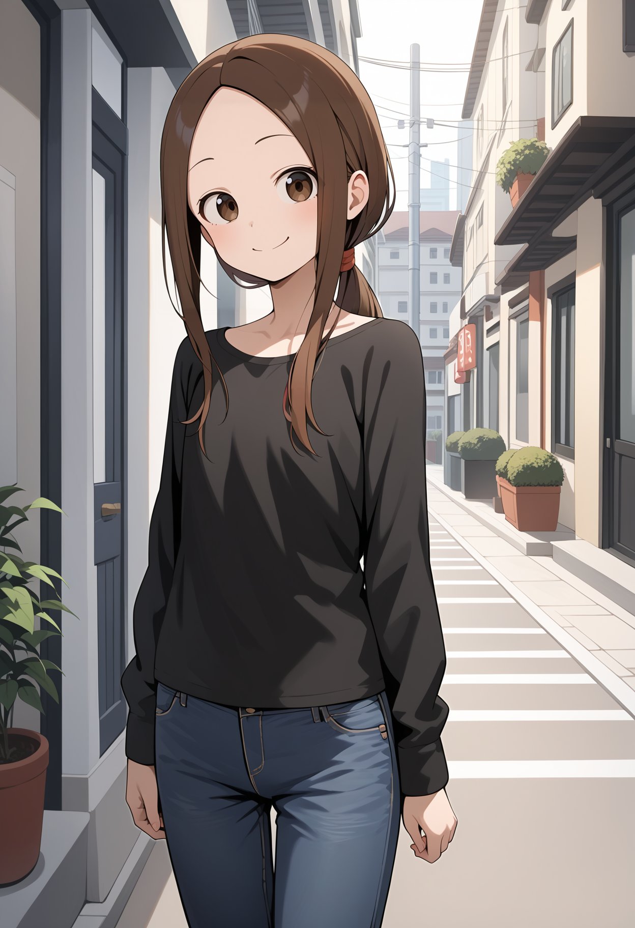 score_9, score_8_up, score_7_up, score_6_up, score_5_up, score_4_up, source_anime, aatakagi, solo, aged up, long hair, brown hair, low ponytail, parted bangs, black shirt, long long sleeves, jeans, pants, <lora:takagi-san_ponyxl_v1:0.9>, standing, cowboy shot, smile, street