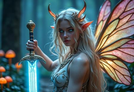 cinematic shot of a beautiful magical fairy, beautiful face details and long hair, holding a magical glowing sword in an epic attack pose, colorful magical fairy wings on her back, magical fantasy forest in background with glowing mushrooms, hkstyle, super realistic, style of epic cinematic, amazing quality