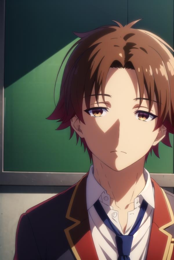 kiyotakaayanokouji, <lora:kiyotaka ayanokouji s2-lora-nochekaiser:1>,kiyotaka ayanokouji, brown hair, (brown eyes:1.5), male focus, (parted bangs:1.5), short hair,BREAK school uniform, jacket, necktie, blazer, blue necktie, shirt, white shirt, collared shirt, (red blazer:1.5),BREAK indoors, classroom,BREAK looking at viewer, (cowboy shot:1.5),BREAK <lyco:GoodHands-beta2:1>, (masterpiece:1.2), best quality, high resolution, unity 8k wallpaper, (illustration:0.8), (beautiful detailed eyes:1.6), extremely detailed face, perfect lighting, extremely detailed CG, (perfect hands, perfect anatomy),