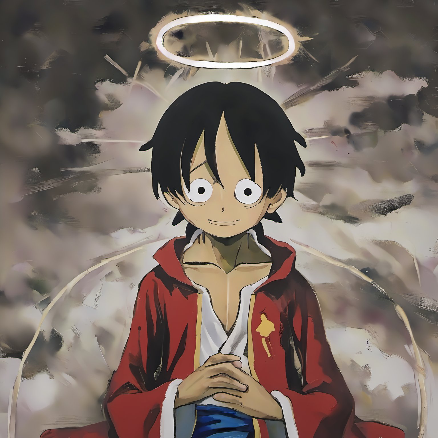 <lora:loneliness_xl_v2>,a painting of a Luffy with a halo above his head a,