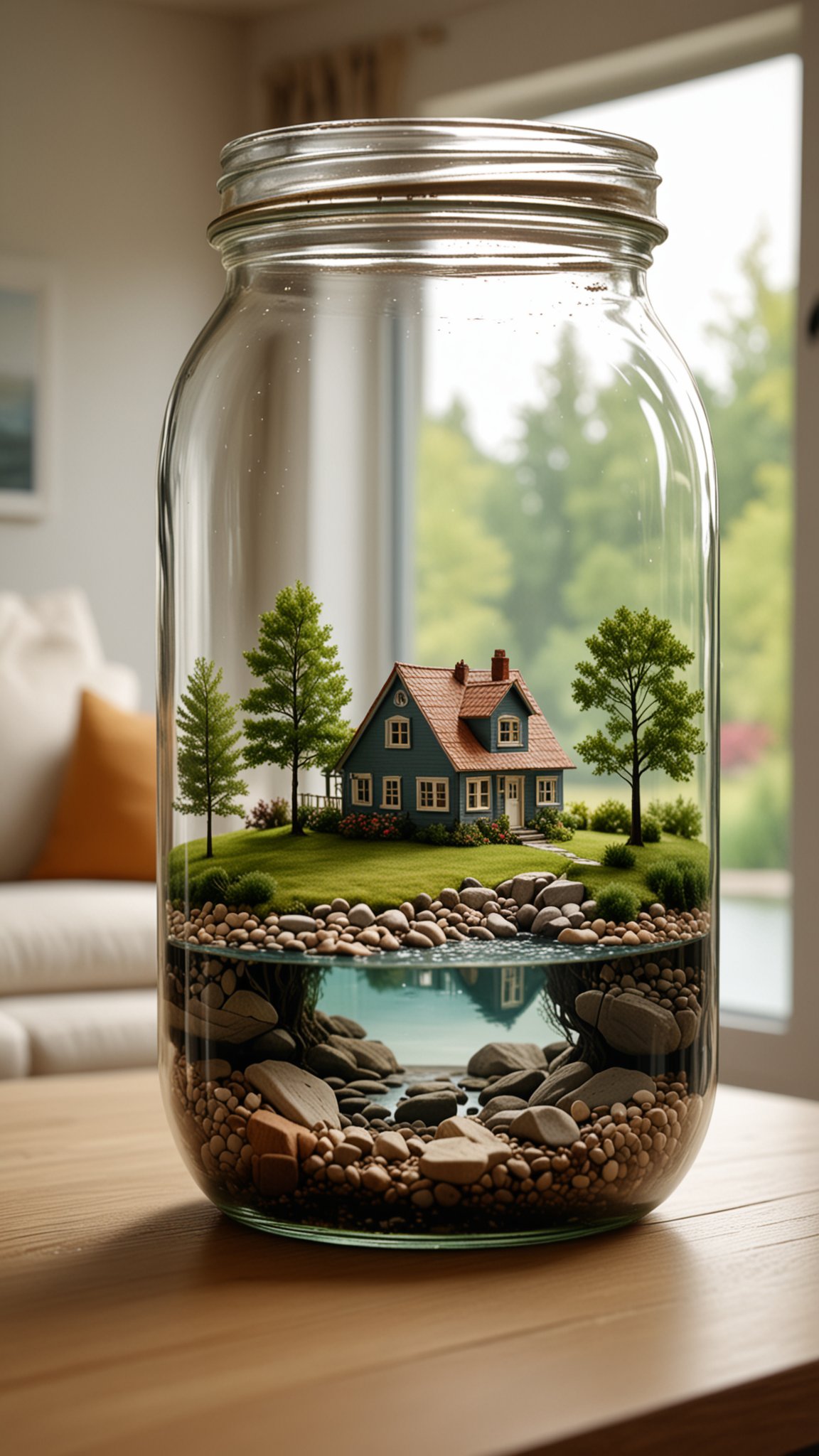 close-up a landscape in a jar with a house, river, trees, on a table in the living room, soft natural lighting, landscape, jar, UHD