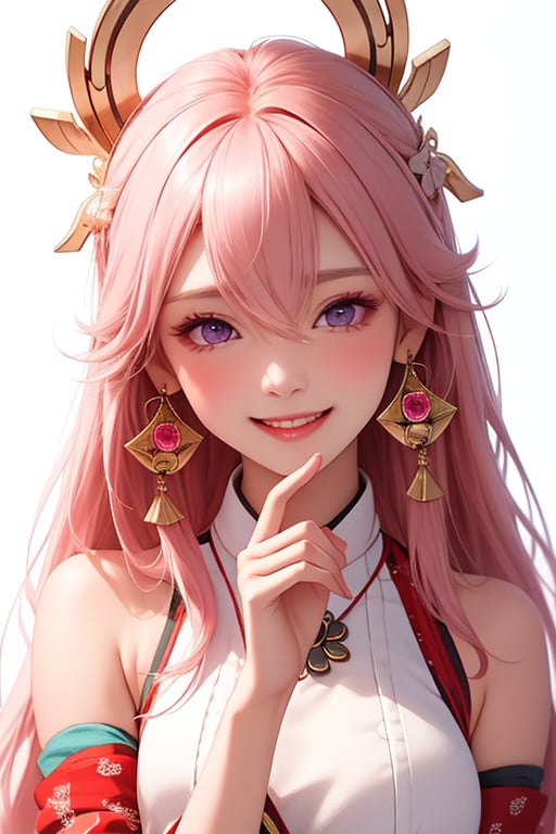 ba shen zi,1girl,solo,purple eyes,pink hair,long hair,bare shoulders,blush,hair between eyes,animal ears,simple background,white background,upper body,closed mouth,fox ears,bangs,jewelry,japanese clothes,earrings,hair ornament,cheerful demeanor,(radiant smile:0.5),bright personality,warm-hearted nature,optimistic outlook,vibrant energy,sun-kissed complexion,joyful laughter,free-spirited,carefree attitude,uplifting presence,playful spirit,(positive vibes:1.2),lively enthusiasm,beaming with happiness,(natural beauty:1.3),infectious laughter,<lora:aki-000002:0.5>,