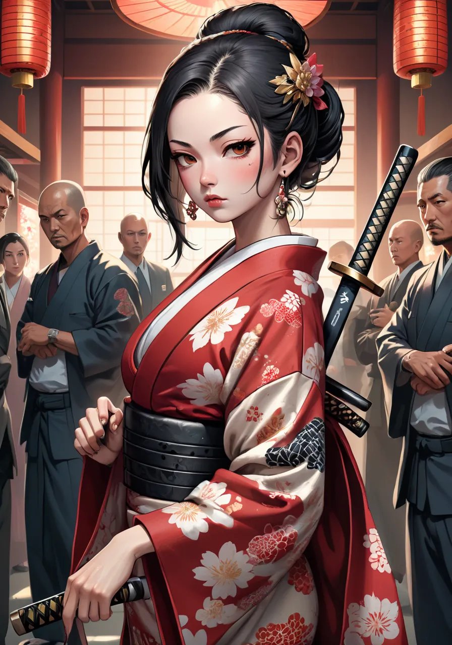 highres,best quality,pov,nsfw,Illustration of a Yakuza princess with a traditional Japanese tattoo sleeve, wearing a luxurious kimono adorned with intricate designs, confidently holding a katana with a stoic yet regal expression, surrounded by loyal bodyguards displaying fierce loyalty and respect