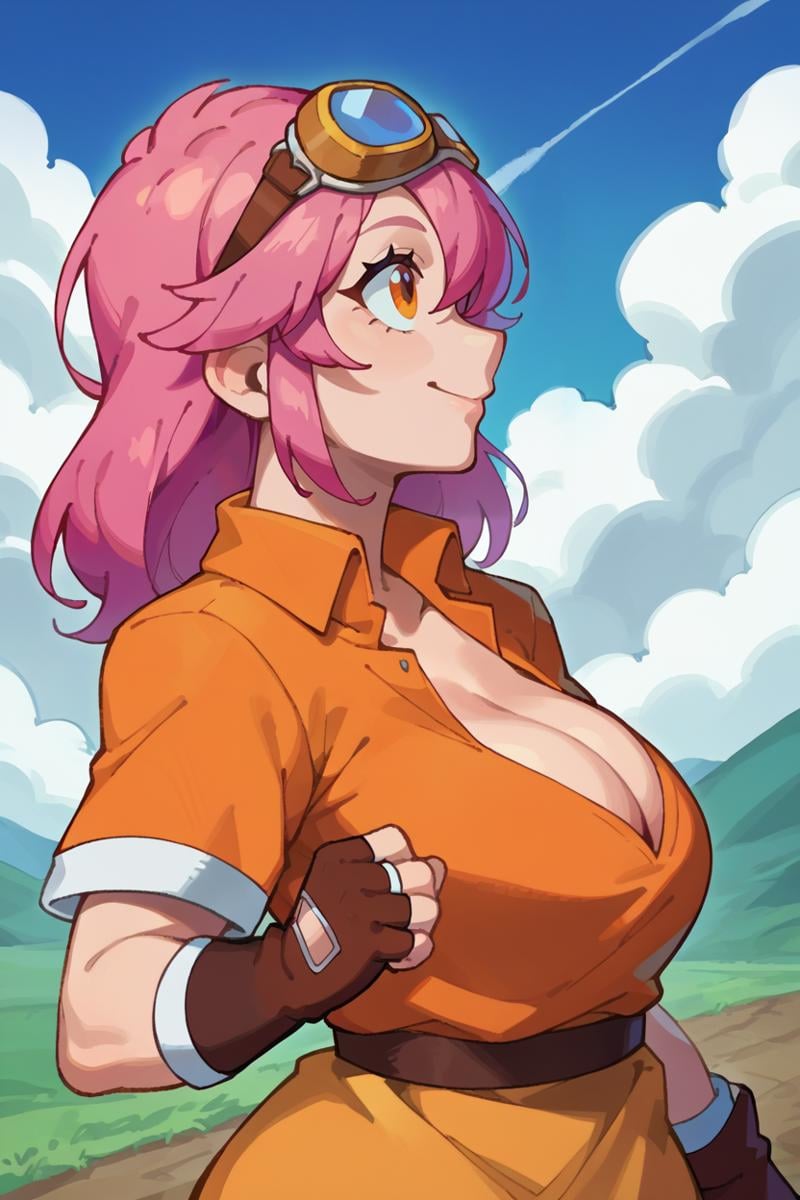 score_9, score_8_up, score_7_up, score_6_up, source_anime, BREAK 1girl, solo  <lora:dqmaam-pdxl-nvwls-v1-000005:1> plainMaam, pink hair, orange eyes, medium hair, goggles on head, orange shirt, short sleeves, cleavage, orange skirt, brown gloves, fingerless gloves, looking up, profile, smile, upper body, blue sky, clouds