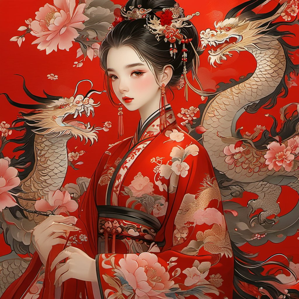 <lora:xcfs-000008:0.8>,xcfs,1girl,hair ornament,earrings,solo,jewelry,flower,upper body,chinese clothes,looking at viewer,black hair,hair stick,red lips,from side,floral print,long sleeves,bird,tassel,makeup,holding,branch,hair bun,dragon,, masterpiece, best quality,