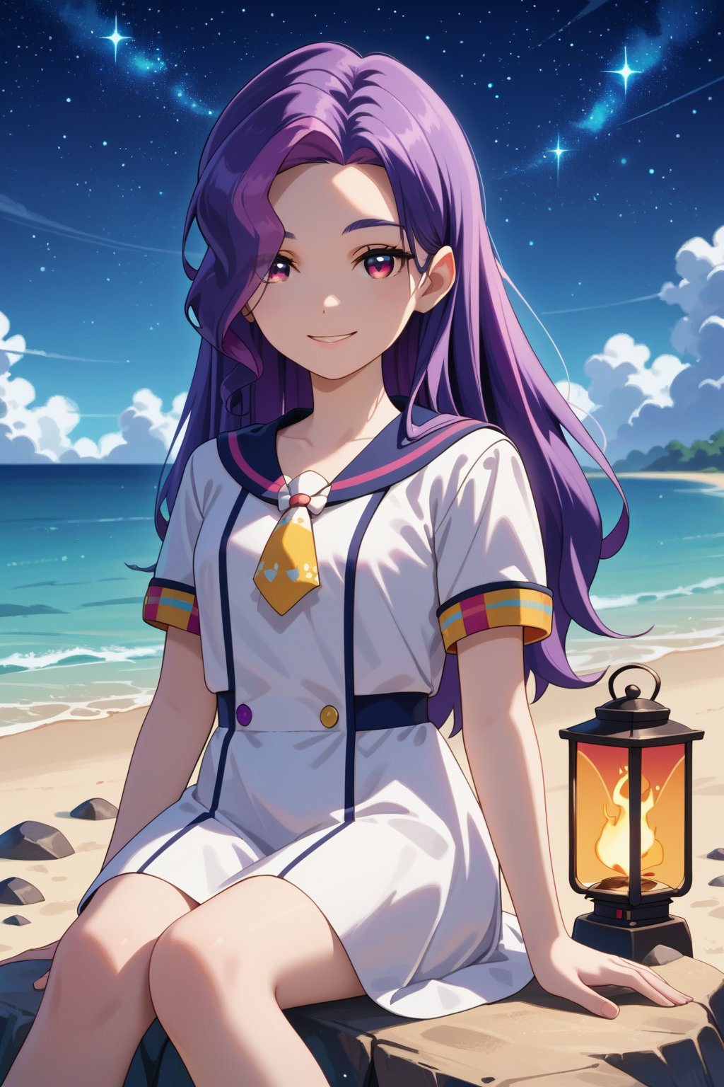 score_9, score_8_up, score_7_up, 1girl, hiragim, purple hair, purple eyes, multicolor_hair, long hair, hair ove one eye,, smile, looking at viewer, white dress, sailor collar, neckerchief, short sleeves, sitting sitting on rocks, beach background, starry sky, clouds, torch lights, firepit<lora:EMS-467752-EMS:0.800000>