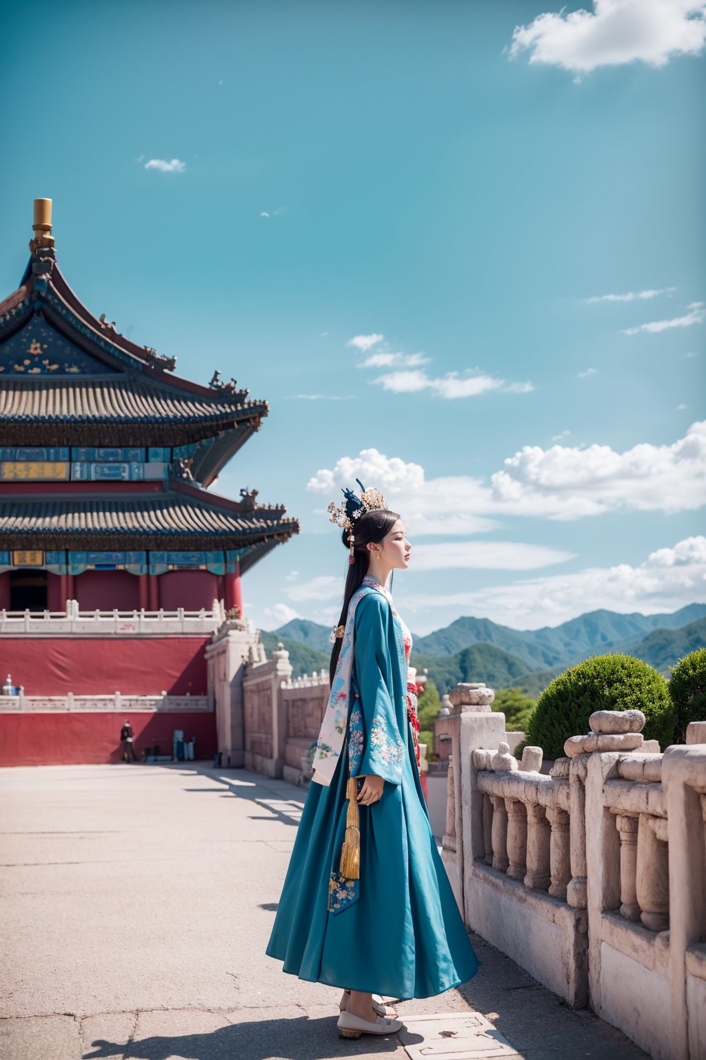 gugong, Sky, cloud, sky, 1 Hanfu girl, fine headdress, full body, Embroidered Flats, foot-free, solo, Audience, outdoor, blue sky, scenery, East Asian architecture, architecture, Forbidden City, road, 8K, photographic light, RAW photos, high resolution, Hyfine profile, Wide Angle