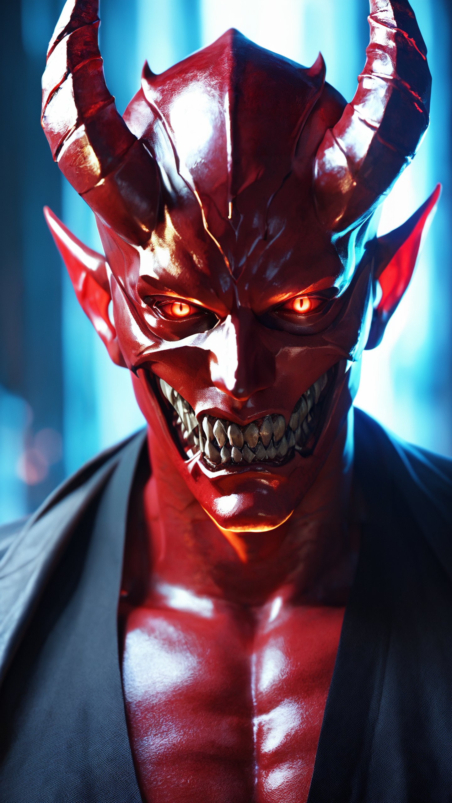 score_9, score_8_up, score_7_up, i want the whole image to be created in 3D anime style, solo, looking at viewer, red eyes, 1boy, male focus, horns, teeth, no humans, mask, glowing, colored skin, sharp teeth, glowing eyes, red skin, demon