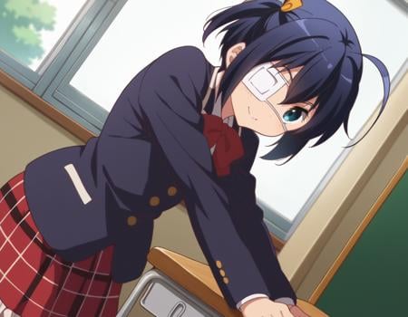 score_9, score_8_up, score_7_up, source_anime,rikkatakanashi, <lora:rikka-takanashi-s2-ponyxl-lora-nochekaiser:1>,rikka takanashi, short hair, blue eyes, black hair, ahoge, one side up, eyepatch, medical eyepatch,skirt, school uniform, jacket, plaid, kneehighs, plaid skirt, blazer, icho private high school uniform,indoors, classroom, bent over, smile,looking at viewer, cowboy shot, dutch angle, solo,