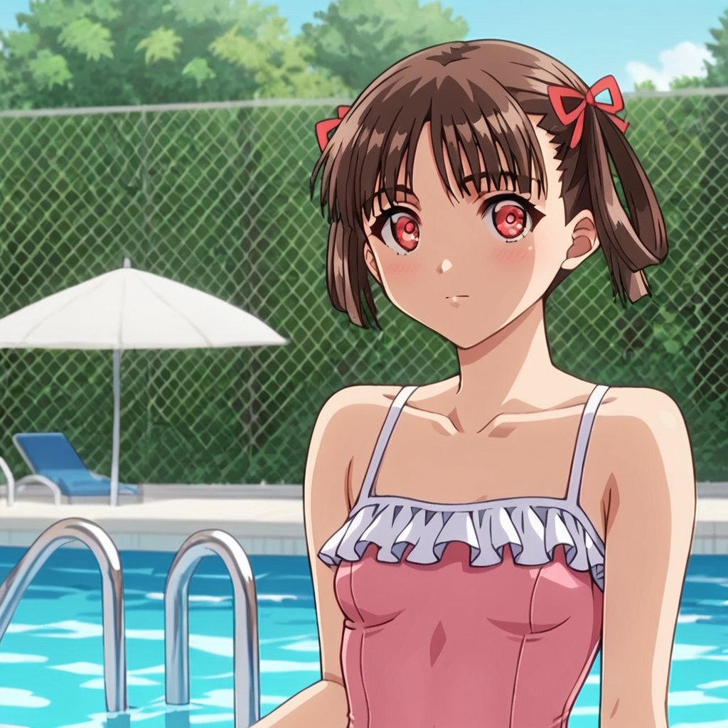 score_9, score_8_up, score_7_up, score_6_up, score_5_up, score_4_up, source_anime,soratani natsuki,1girl, pool, one-piece swimsuit, solo, swimsuit, brown hair, outdoors, breasts, small breasts, pink one-piece swimsuit, collarbone, looking at viewer, frilled one-piece swimsuit, frills, upper body, fence, ribbon, red eyes, hair ribbon, day, chain-link fence, red ribbon, casual one-piece swimsuit, closed mouth, umbrella, blush, short hair, poolside, twintails, water, bare shoulders, hair rings,masterpiece, perfect face, best quality, beautiful girl, cute girl, beautiful eyes, shiny eyes, anime coloring, anime screencap, absurdres, award winning, <lora:soratani natsuki pony:0.8>