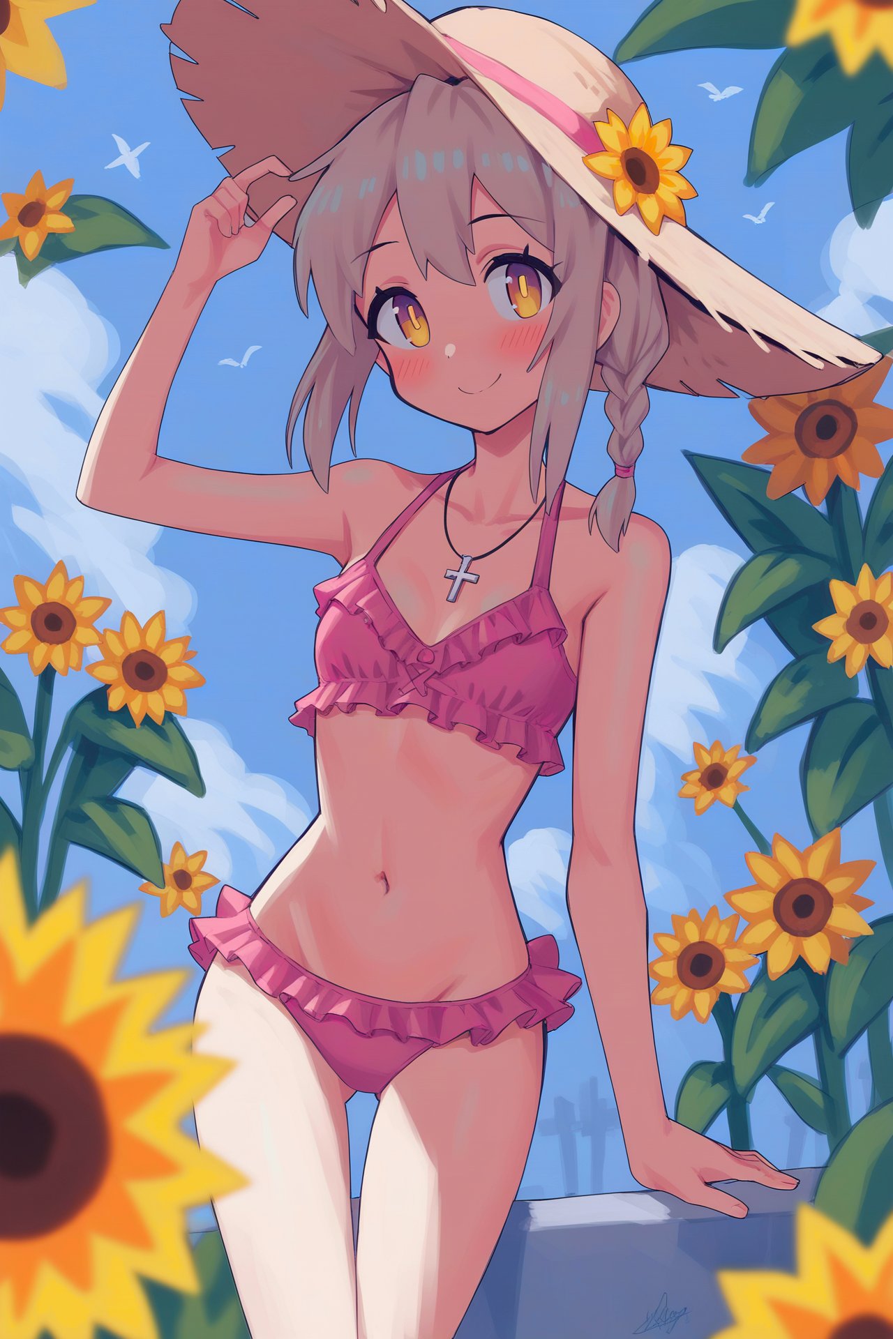 score_9, score_8_up, score_7_up,score_6_up,<lora:kimchi_pony:0.9>,inzaniak,1girl,solo,smile,green_background,single_braid,stomach,onii-chan_wa_oshimai!,bikini,hat_flower,1girl,sun_hat,sunflower,braid,long_hair,bare_shoulders,side_braid,frilled_bikini,hair_between_eyes,frills,swimsuit,cross_necklace,collarbone,bare_legs,jewelry,simple_background,brown_eyes,hat,necklace,looking_at_viewer,easy_\(aqk7bdqt\),flower,solo,pink_bikini,pink_hair,navel,oyama_mahiro,cross,straw_hat,blush,flat_chest,bare_arms