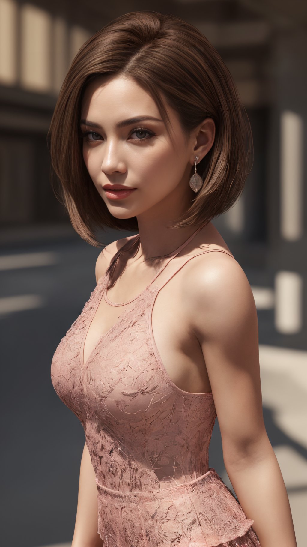 (Masterpiece, highest quality, ultra detail, 8K), 1girl, petite body, pointy breasts, casual dress, texture detailed, wide hips, skin pores, detailed skin, pink lips, brown bob hair,earrings, in the school, ((realistic lighting, hyper realistic, insanely detailed and intricate, hyper maximalist, elegant, super detailed, dynamic pose, photography, volumetric, ultra - detailed, 8k))<lora:adddetailer:1>