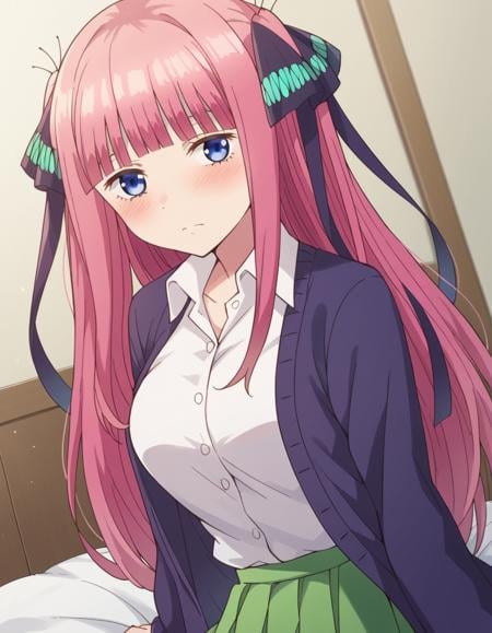 score_9, score_8_up, score_7_up, source_anime,ninonakano, <lora:nino-nakano-s1-ponyxl-lora-nochekaiser:1>,nino nakano, long hair, bangs, blue eyes, hair ornament, hair ribbon, pink hair, blunt bangs, two side up, butterfly hair ornament, mature female,skirt, shirt, long sleeves, white shirt, pleated skirt, open clothes, collared shirt, sleeves past wrists, dress shirt, cardigan, green skirt, open cardigan, black cardigan,indoors, bed, bed room, on side, blush, drunk,looking at viewer, cowboy shot, dutch angle, solo,