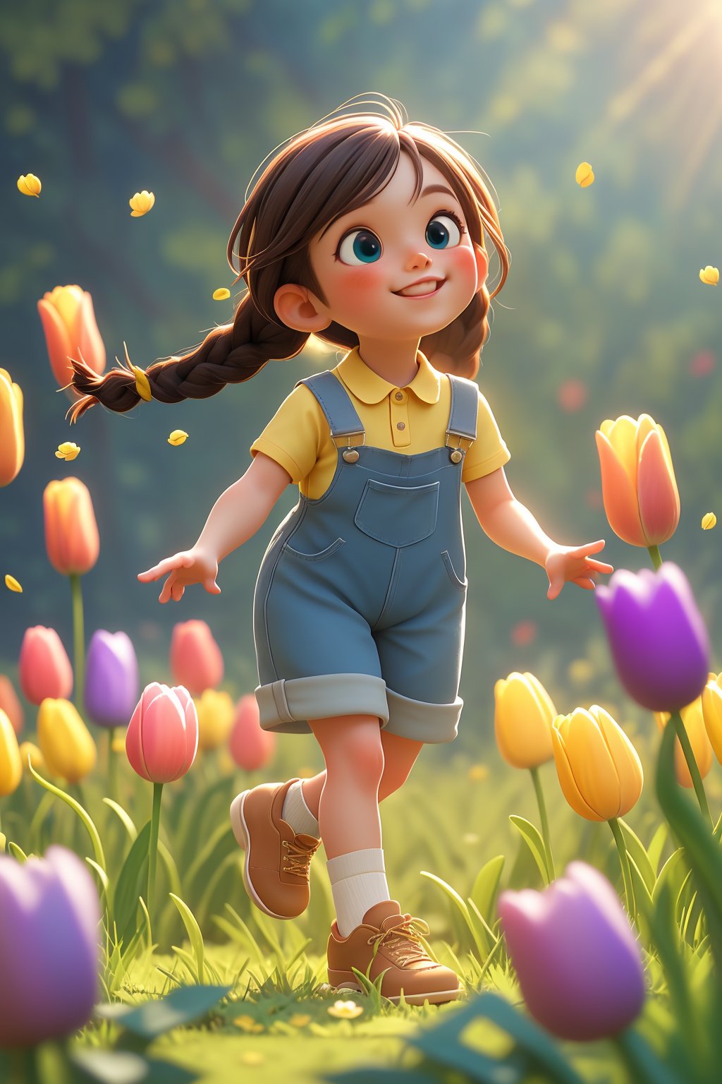 1girl,solo,(dancing:1.5),(standing_on_one_leg:1.2),flower,overalls,black hair,open mouth,braid,outdoors,shirt,blue eyes clear,twin braids,socks,hands on own knees,smile,short sleeves,brown footwear,shoes,blurry,female child,white socks,looking up,grass,tulip,child,overall shorts,yellow shirt,day,blurry background,twintails,full body,yellow flower,long hair,purple flower,collared shirt,blush,sunshine,