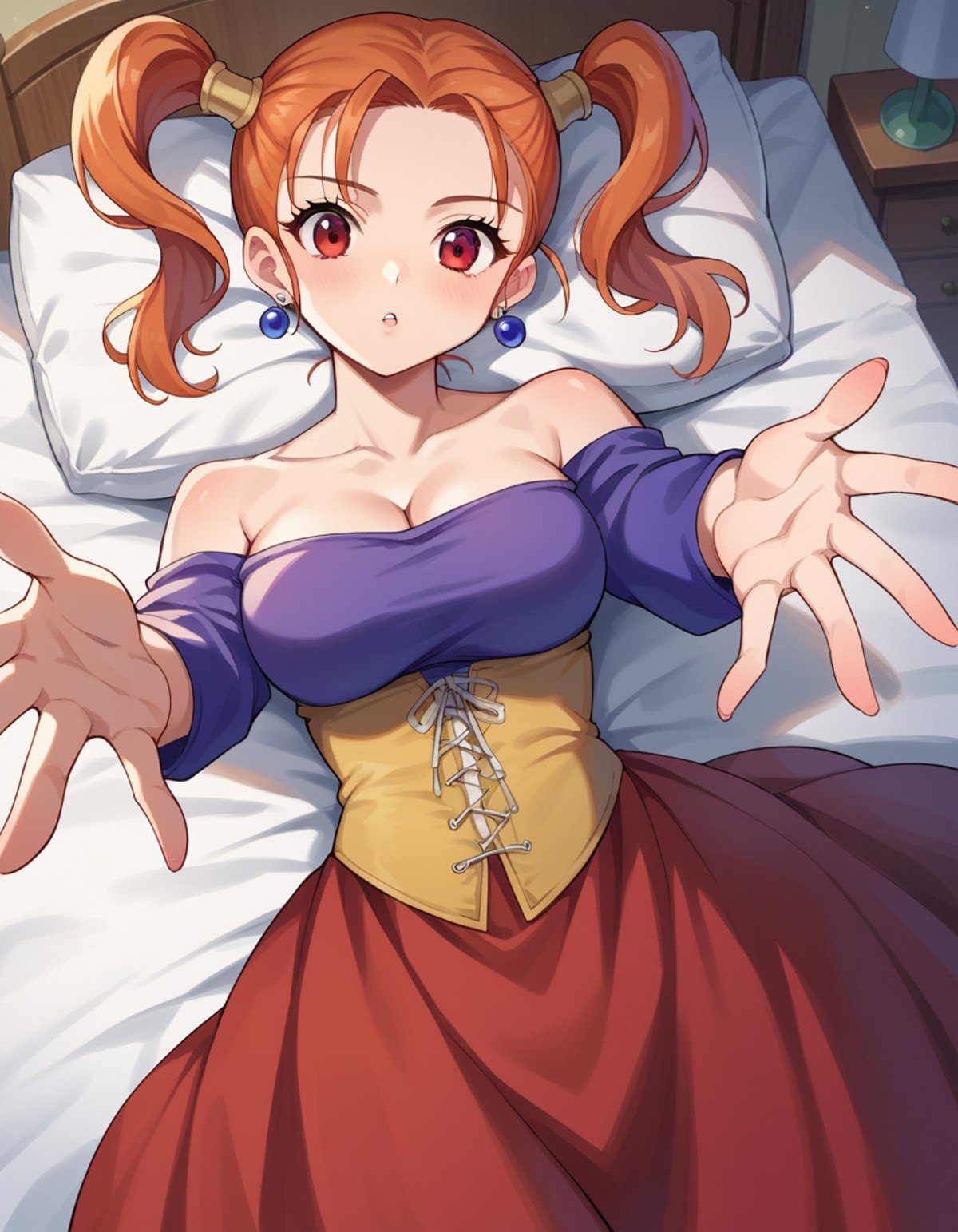 score_9, score_8_up, score_7_up, source_anime,jessicaalbert, <lora:jessica-albert-ponyxl-lora-nochekaiser:1>,jessica albert, orange hair, red eyes, twintails,bare shoulders, cleavage, dress, earrings, jewelry, off shoulder, off-shoulder dress, purple shirt, shirt, strapless, strapless dress, corset,indoors, bed, bed room, on back, arm support, arms up, incoming hug, pov, reaching, reaching towards viewer,looking at viewer, dutch angle, cowboy shot,