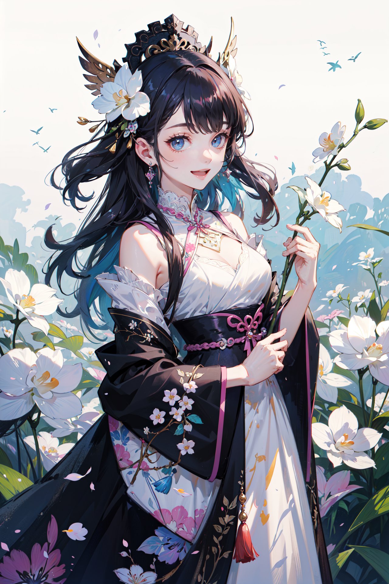 ((best quality, masterpiece, absurbres, super-resolution)), (kawaii, pop, cute:1.1), 1girl, solo,white orchid behind,field of  flowers ,puxian opera,blooming flowers, dan role,complex flower background, jewelry, hair_ornament, tassel,  smile,(high saturation),(colorful splashes),highly intricate details