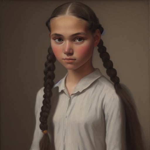 Full-body-length painting of a Young Girl: A slender, 18-year-old girl with long hair tied in double plaits and eyes gazes directly at the camera, exuding confidence.