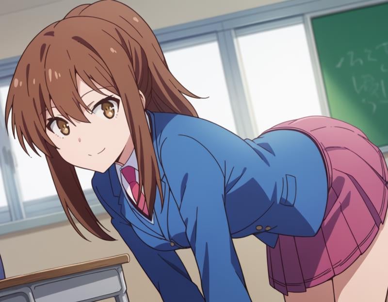 score_9, score_8_up, score_7_up, source_anime,nanamiaoyama, <lora:nanami-aoyama-s1-ponyxl-lora-nochekaiser:1>,nanami aoyama, long hair, bangs, brown hair, hair between eyes, brown eyes, ponytail, sidelocks,skirt, school uniform, jacket, pleated skirt, necktie, blazer,indoors, classroom, bent over, smile,looking at viewer, cowboy shot, solo, dutch angle