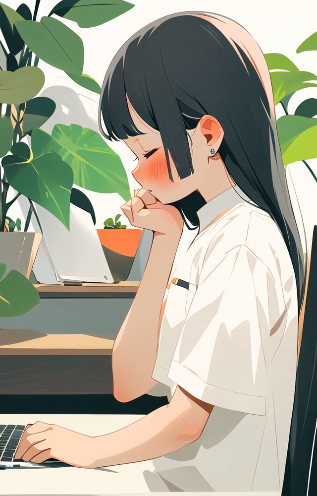 bp_ch, 1girl, solo, black hair, closed eyes, plant, shirt, computer, long hair, blush, laptop, earrings, jewelry, upper body, white shirt, leaf, profile, short sleeves, hand up, sitting, white background