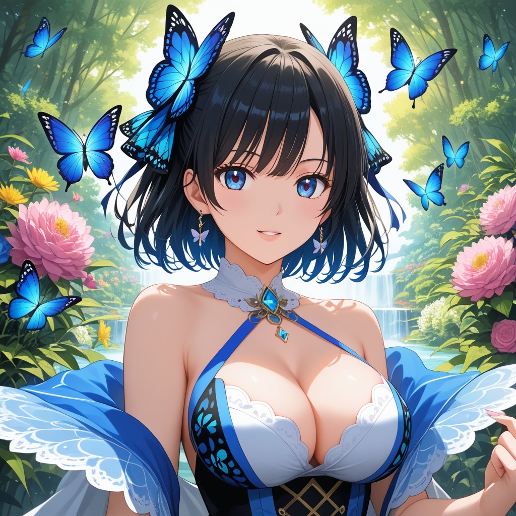 (,1girl, ,best quality, ),,,anime,(masterpiece, top quality, best quality, official art, beautiful and aesthetic:1.2), (1girl)	, , (cleavage),, extreme detailed,(fractal art:1.3),colorful, flowers ,highest detailed,()    (cleavage),butterfly,  (),