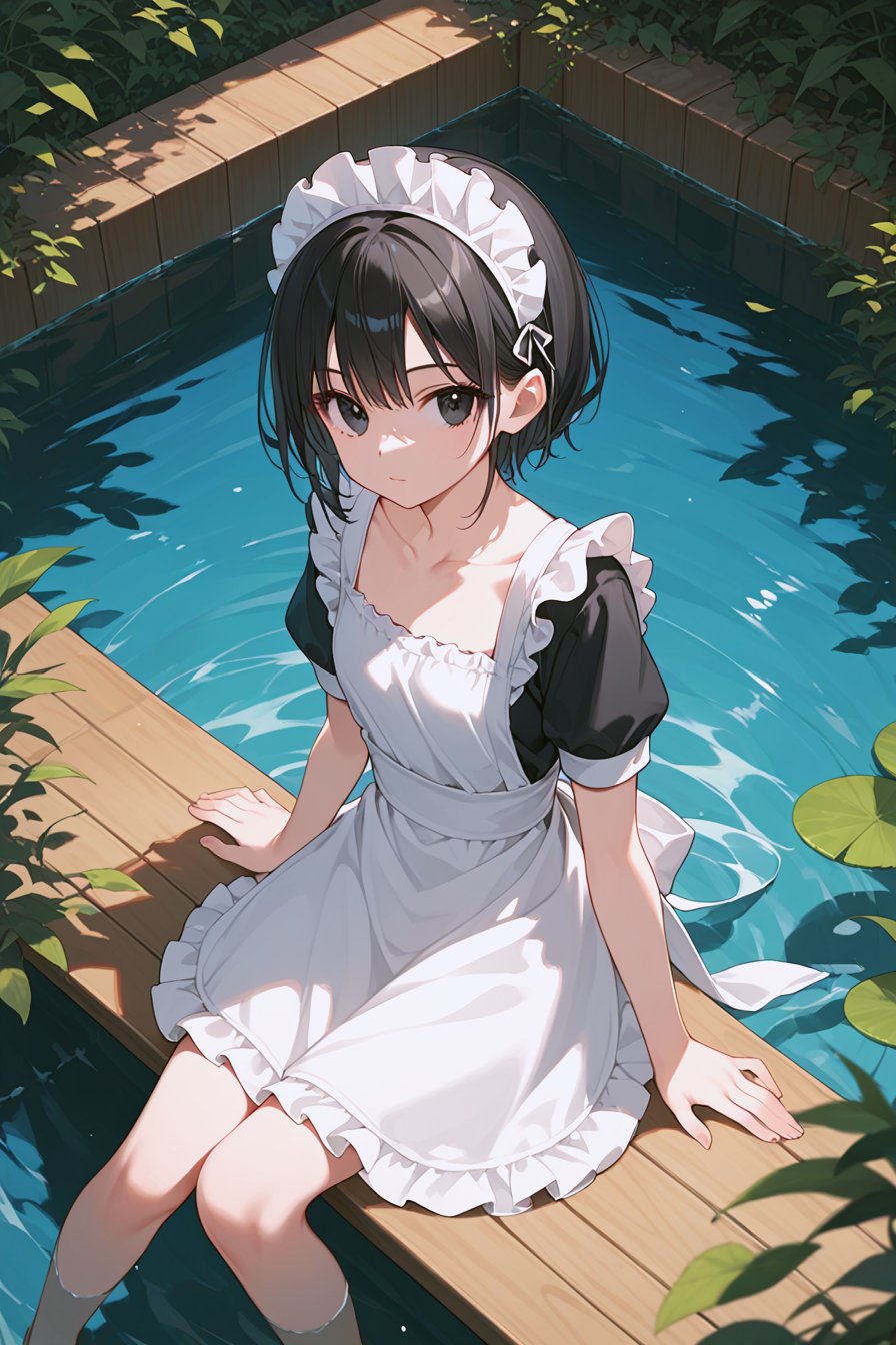 score_9, score_8_up, score_7_up, source_anime, rating_safe, 1girl, solo, looking at viewer, black hair, dress, sitting, collarbone, short sleeves, barefoot, water, black eyes, apron, maid, maid headdress, from above, maid apron, soaking feet