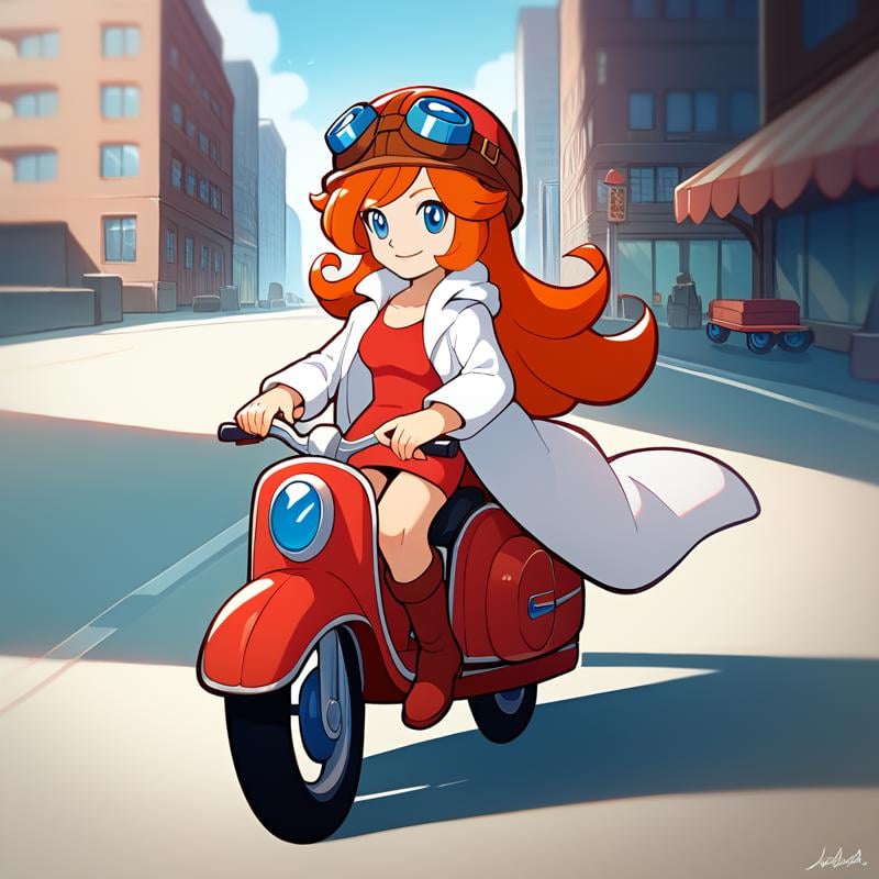 score_9, score_8_up, score_7_up, 1girl, solo, uncensored,  <lora:WarioWareMonaXL_v1.1:1> wariowaremona,  smile, closed mouth, blue eyes, long orange hair, aviator hat, goggles on headwear, riding scooter, red scooter, short red dress, red knee boots, white coat, outdoors, road, street, city, driving