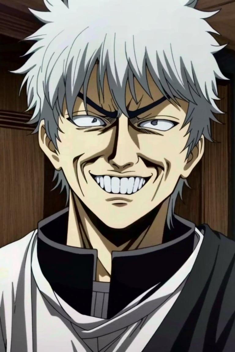 ((HRD, HUD, 8K)),((masterpiece, best quality)), highly detailed,YanYi, 1boy, male focus, solo, sakata gintoki, smile, grin, anger vein, grey hair, constricted pupils, indoors, teeth, parody, angry,  <lora:20240601-1717211833822:0.8>