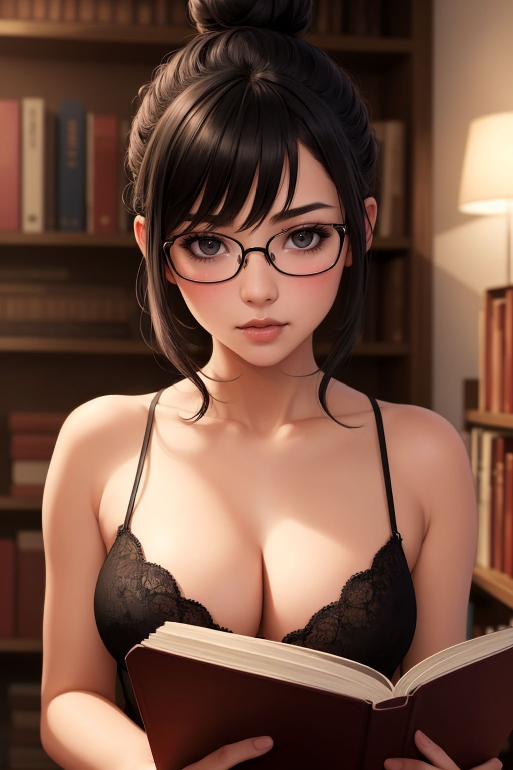 (masterpiece, best quality, beautiful and aesthetic), 1girl, extremely detailed, glasses, black hair, blush, medium breasts, black eyes, bangs, hair bun, cleavage, collarbone, indoors, looking at viewer, book, bookshelf, upper body,