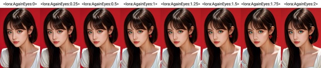 <lora:AgainEyes:0>,1girl,black hair,portrait,(white dress:1.2),green eyes,shining eyes,(red simple background:1.3),