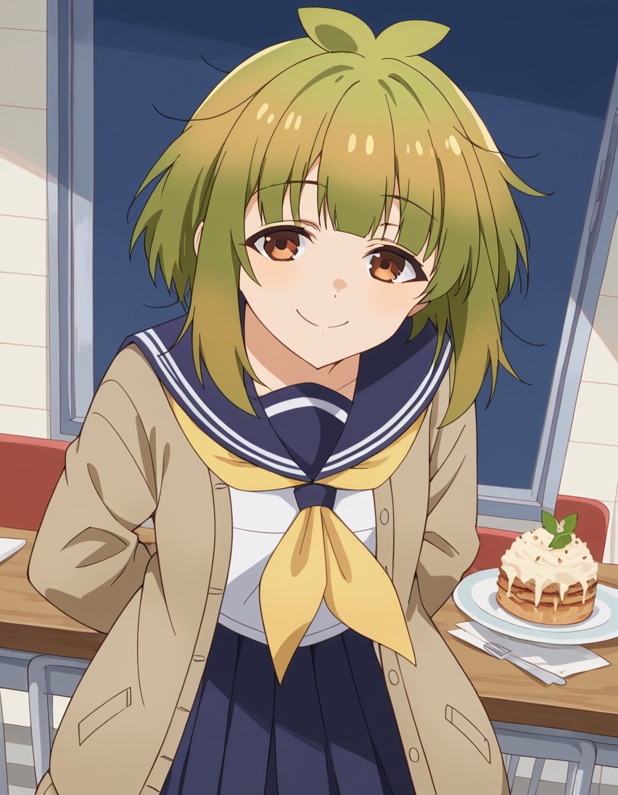 score_9, score_8_up, score_7_up, source_anime, <lora:meme-bashame-s1-ponyxl-lora-nochekaiser:1>, meme bashame, bangs, brown eyes, green hair, blunt bangs, medium hair, messy hair,, skirt, shirt, long sleeves, school uniform, white shirt, pleated skirt, open clothes, serafuku, sailor collar, blue skirt, neckerchief, cardigan, blue sailor collar, yellow neckerchief, open cardigan, brown cardigan, restaurant, laughter, good food, warm lighting, celebration, , looking at viewer, hands behind back, bent over, smile, solo,, cowboy shot, dutch angle