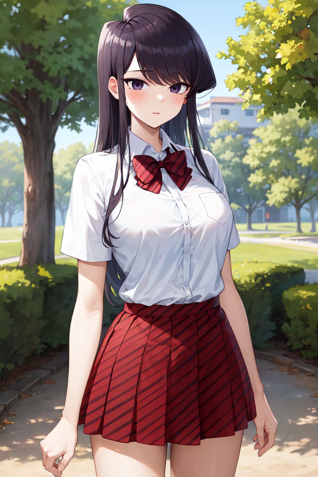 masterpiece, best quality, highres, aashouko, long hair, breasts, school uniform, striped bowtie, red bowtie, collared shirt, white shirt, short sleeves, pleated skirt, striped skirt, red skirt, <lora:komi_shouko_v1:0.7>, standing, cowboy shot, park, outdoors