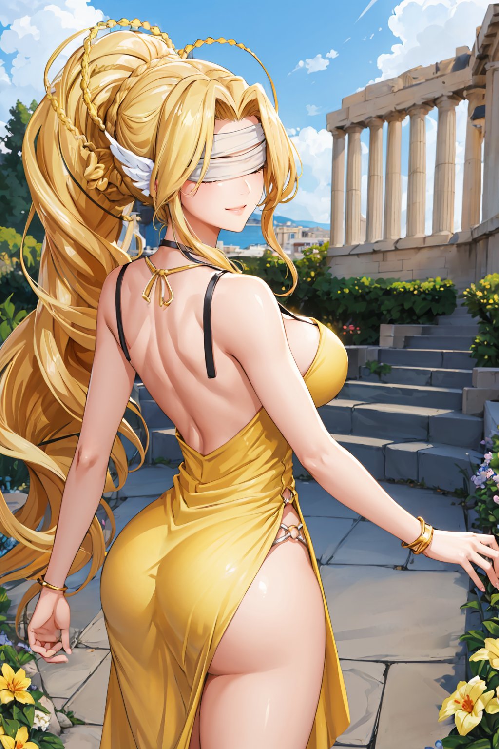 masterpiece, best quality, <lora:venusmon-nvwls-v1-000009:0.9> venusmon, very long hair, ponytail, blindfold, (yellow sundress:1.3), from behind, large breasts, garden, greek architecture, white marble, smile