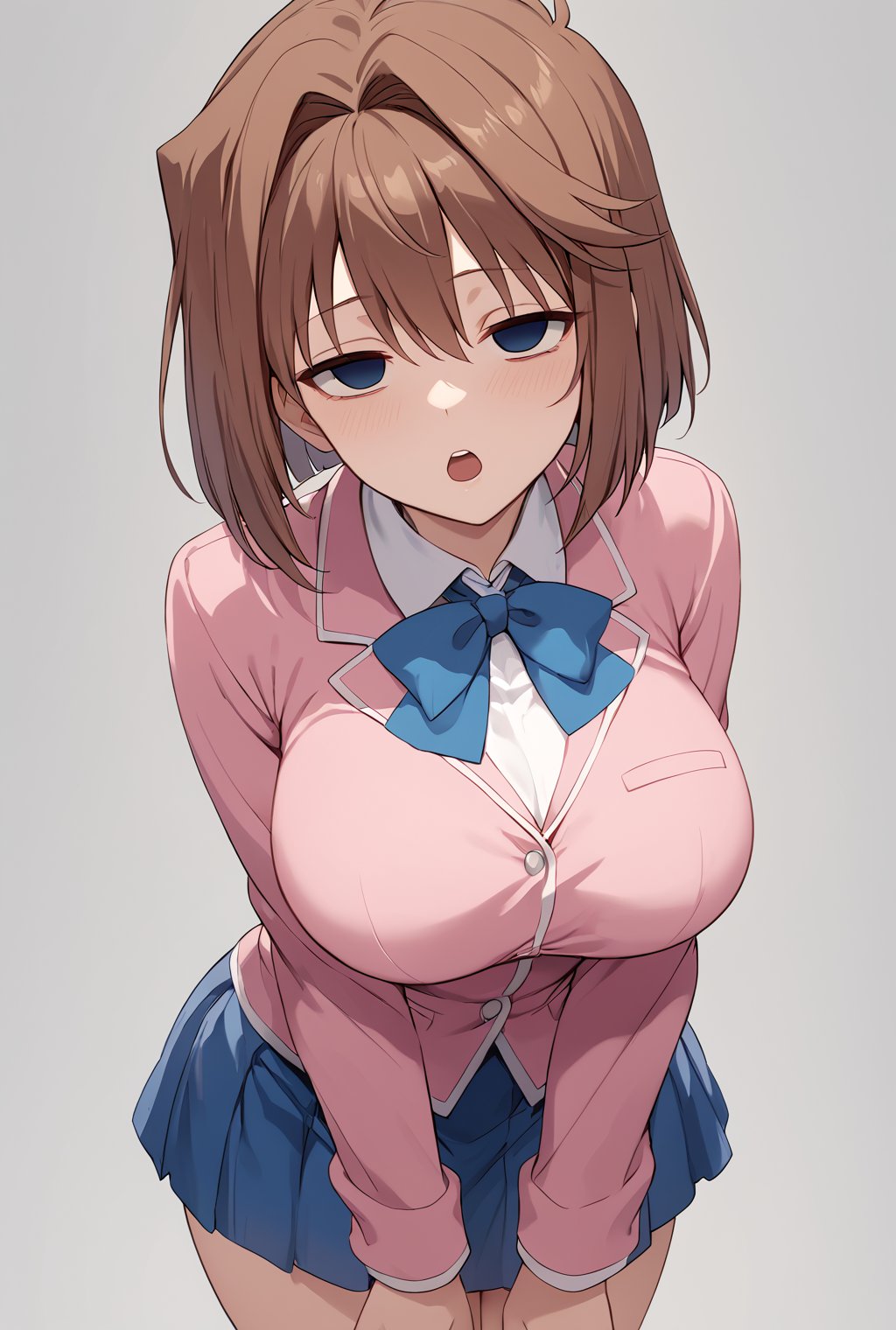 score_9,score_8_up,score_7_up, 1girl,  <lora:anzu-mazaki-ponyxl-lora-nochekaiser:1> anzu mazaki, blue eyes, short hair, large breasts,  pink school uniform, (open mouth:0.7), blue skirt, <lora:hypnotized_face_pony2:0.5>, empty eyes, half-closed eyes