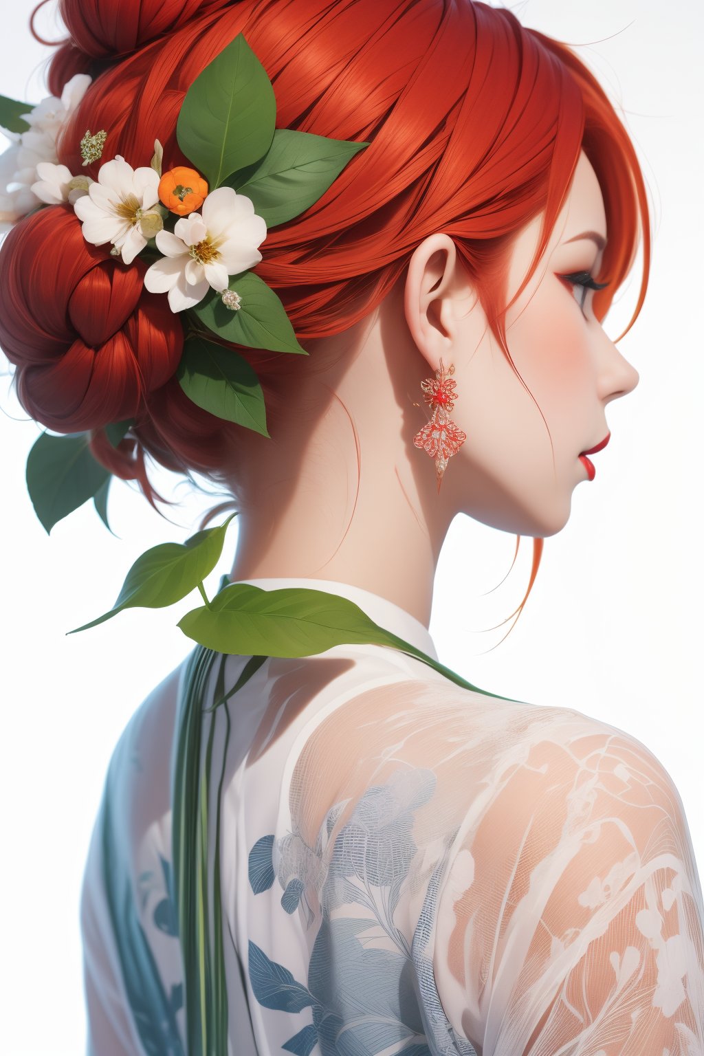 lbc girl, a woman with red hair and a green leafy head, solo, blue eyes, hair ornament, white background, jewelry, closed mouth, earrings, hair bun, orange hair, from side, lips, eyelashes, profile, leaf, single hair bun, plant, red lips