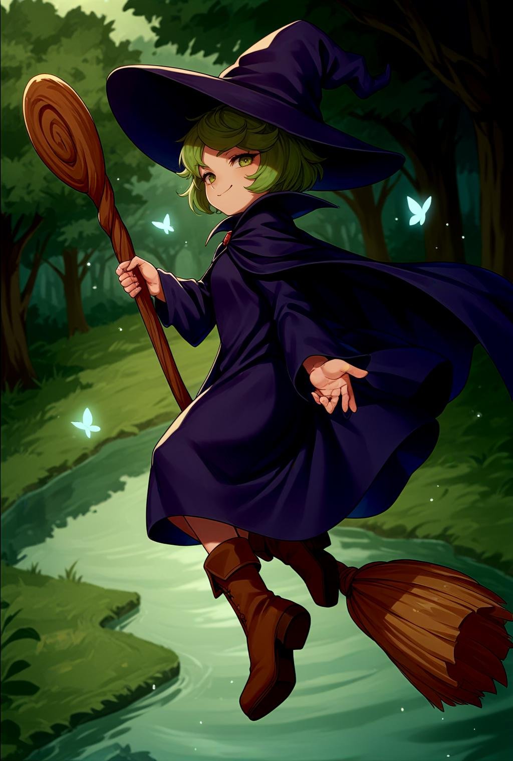 score_9, score_8_up, source_anime, looking at viewer, solo, full body,<lora:ShierkePdxlDwnsty:0.8>, green hair, short hair, witch hat, cape, dress, robe, long sleeves, boots, brown footwear, brooch, from side, smug, broom riding, midair, flying, floating, broom, lake, forest, butterfly, spiral, 