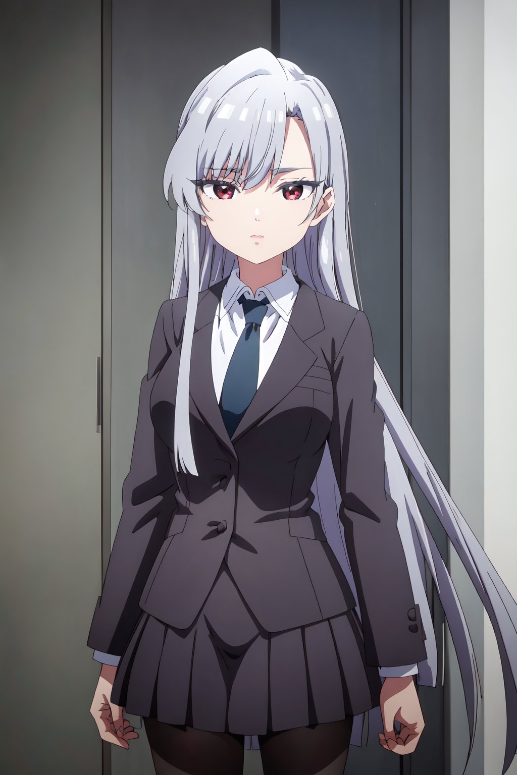 NanoEiai, 4k, absurd, high resolution, very high resolution, high definition, masterpiece, 1 girl, long hair, alone, silver hair, locks, reddish brown eyes, black jacket, white shirt, blue tie, black skirt, black pantyhose, standing, upper body<lora:EMS-392397-EMS:0.800000>